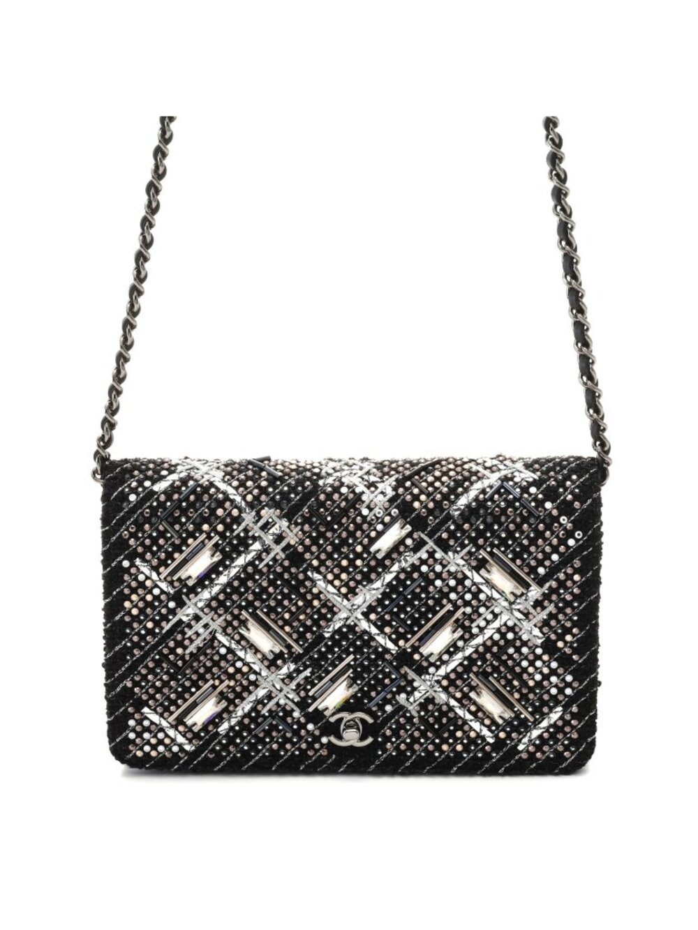 Chanel Chain Wallet Black Silver Tweed Shoulder Bag